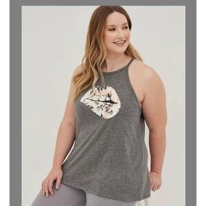 Torrid 0 Large Grey Floral Lips Graphic Classic Fit Heritage Slub Hi Neck Tank